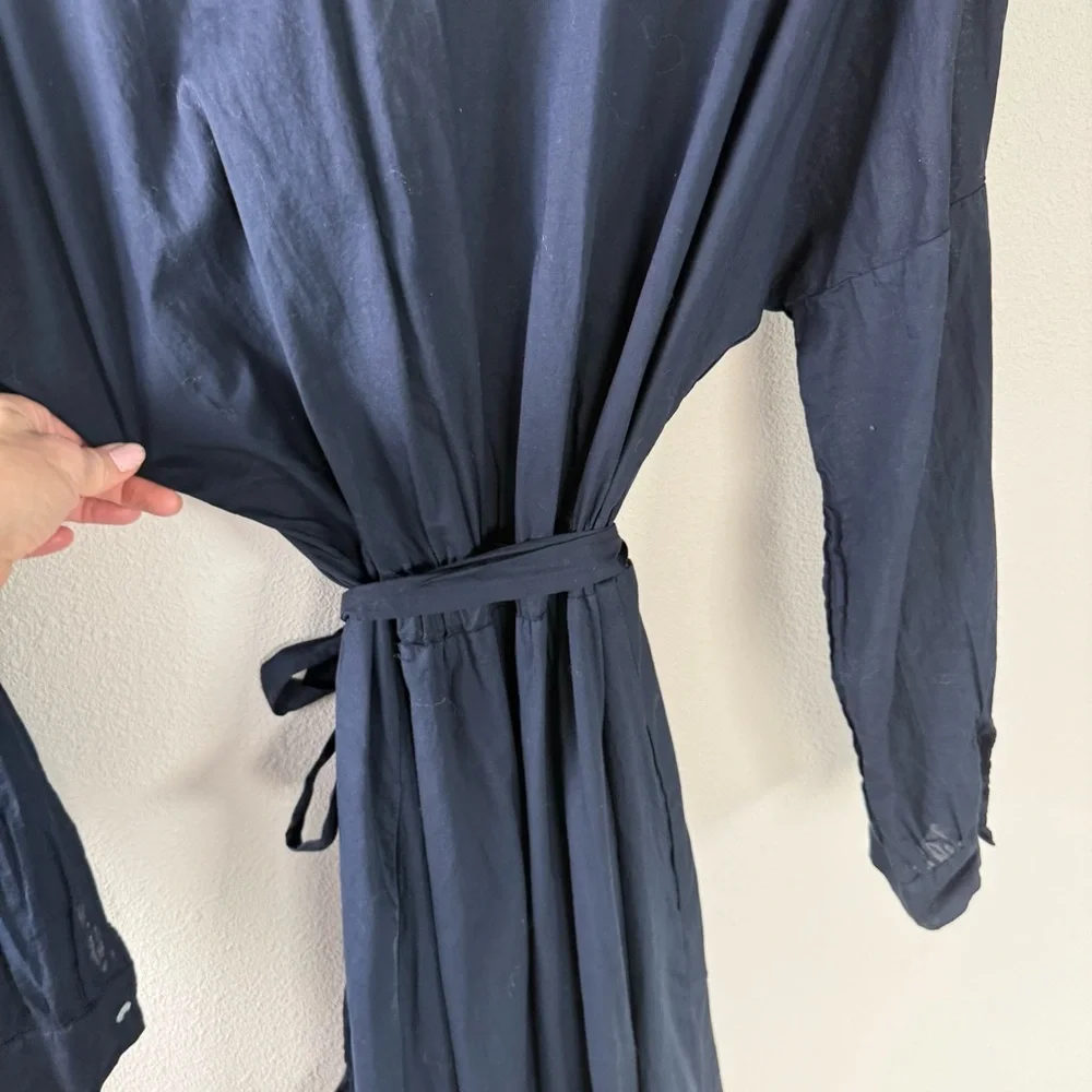 A Shirt Thing Navy Blue Wrap Midi Dress Cotton Casual Boho Minimalist Women M/L - Picture 14 of 15